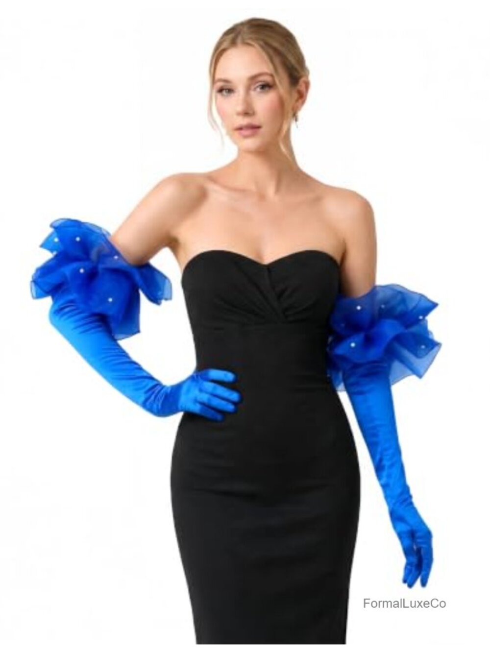 Long Satin Opera Gloves Pearl Ruffle Cuff Stretchy One Size